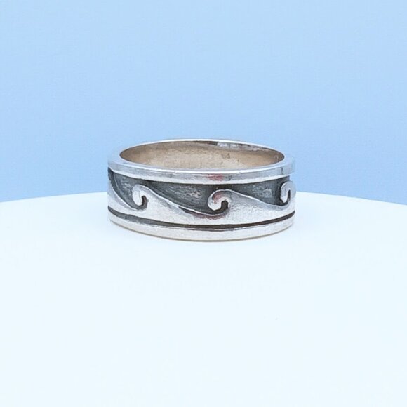 Vintage Sterling Silver Wave Scroll Oxidized Band Ring - Picture 12 of 15